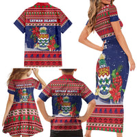Cayman Islands Christmas Family Matching Short Sleeve Bodycon Dress and Hawaiian Shirt Coat Of Arms With Poinsettia - Wonder Print Shop
