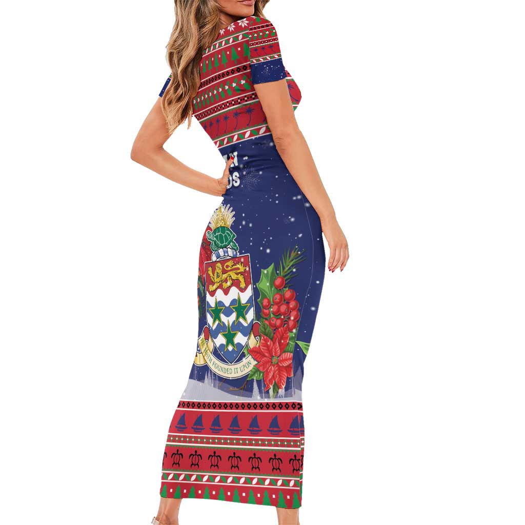 Cayman Islands Christmas Family Matching Short Sleeve Bodycon Dress and Hawaiian Shirt Coat Of Arms With Poinsettia - Wonder Print Shop