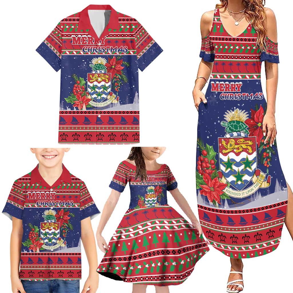 Cayman Islands Christmas Family Matching Summer Maxi Dress and Hawaiian Shirt Coat Of Arms With Poinsettia - Wonder Print Shop