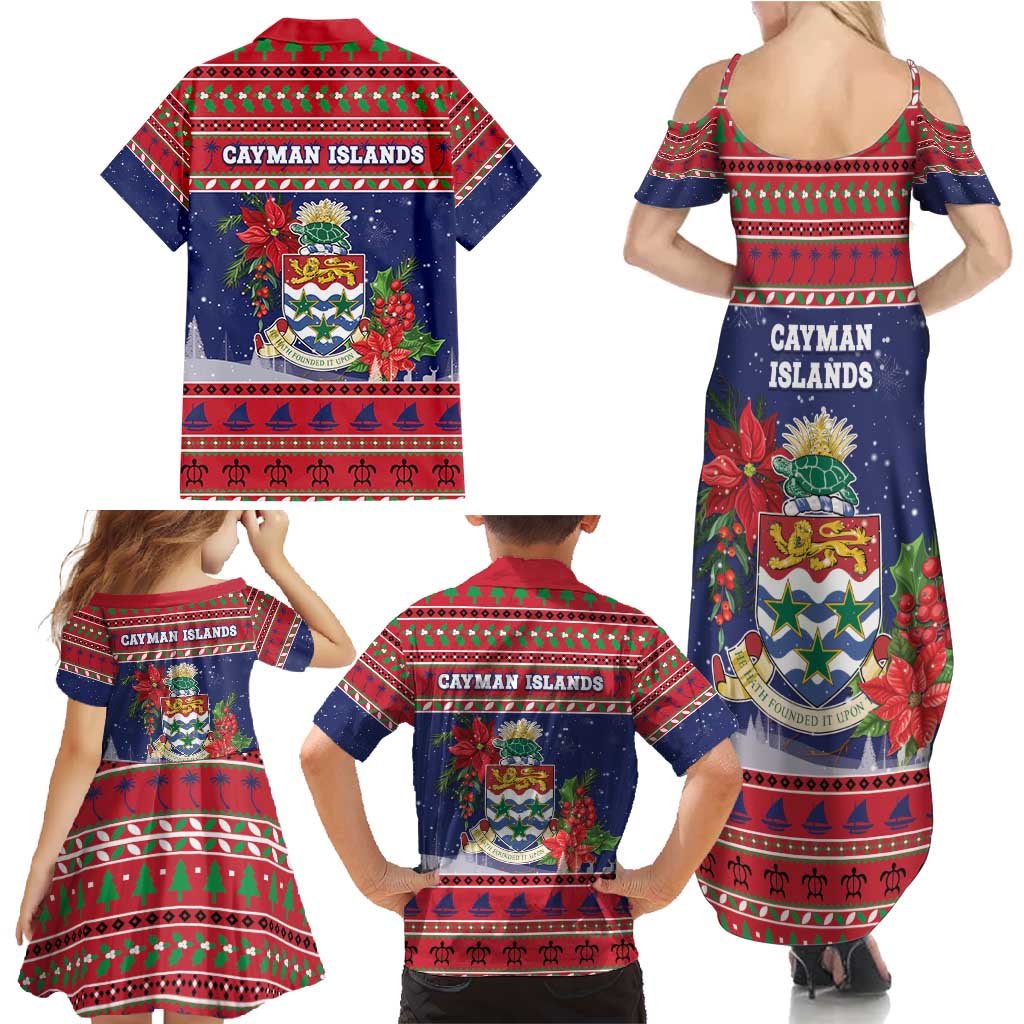 Cayman Islands Christmas Family Matching Summer Maxi Dress and Hawaiian Shirt Coat Of Arms With Poinsettia - Wonder Print Shop