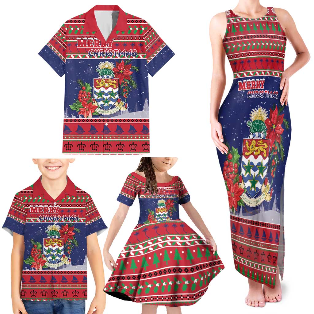 Cayman Islands Christmas Family Matching Tank Maxi Dress and Hawaiian Shirt Coat Of Arms With Poinsettia - Wonder Print Shop