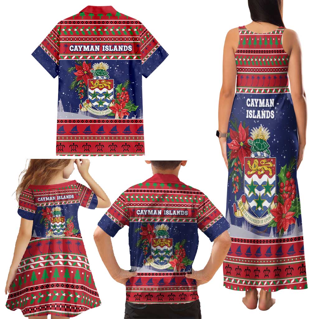 Cayman Islands Christmas Family Matching Tank Maxi Dress and Hawaiian Shirt Coat Of Arms With Poinsettia - Wonder Print Shop