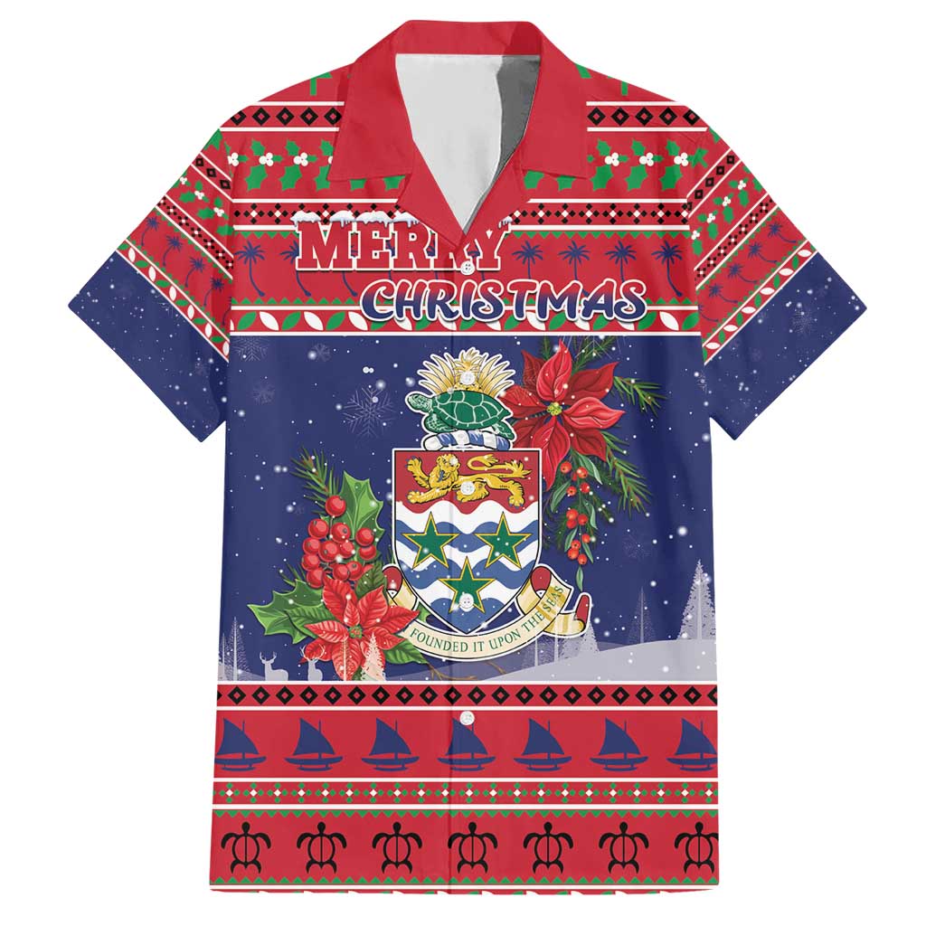 Cayman Islands Christmas Hawaiian Shirt Coat Of Arms With Poinsettia - Wonder Print Shop