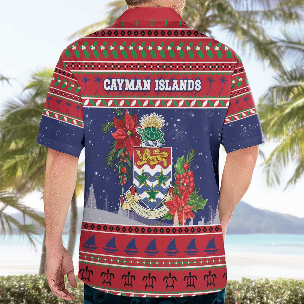 Cayman Islands Christmas Hawaiian Shirt Coat Of Arms With Poinsettia - Wonder Print Shop