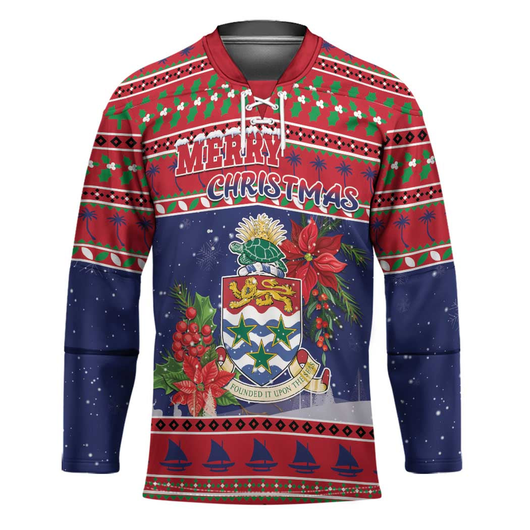 Cayman Islands Christmas Hockey Jersey Coat Of Arms With Poinsettia - Wonder Print Shop