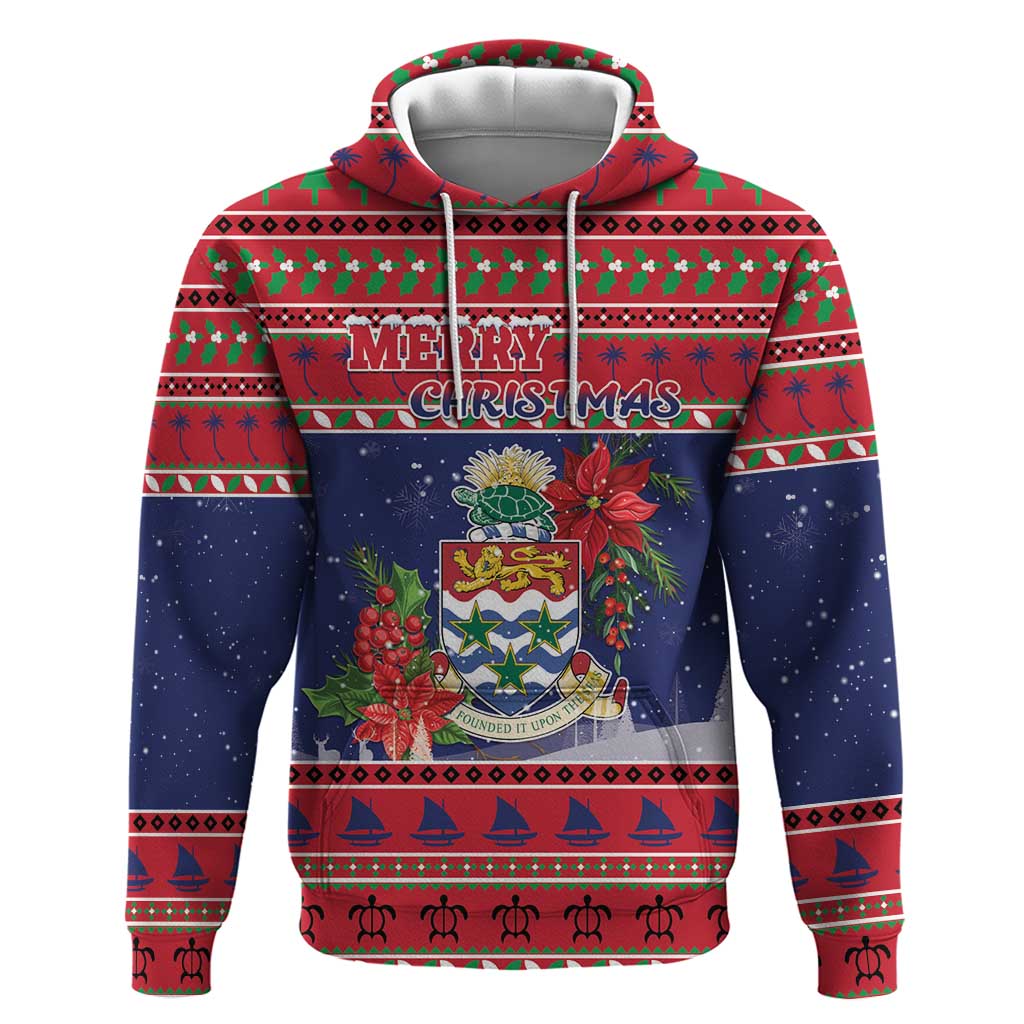 Cayman Islands Christmas Hoodie Coat Of Arms With Poinsettia - Wonder Print Shop