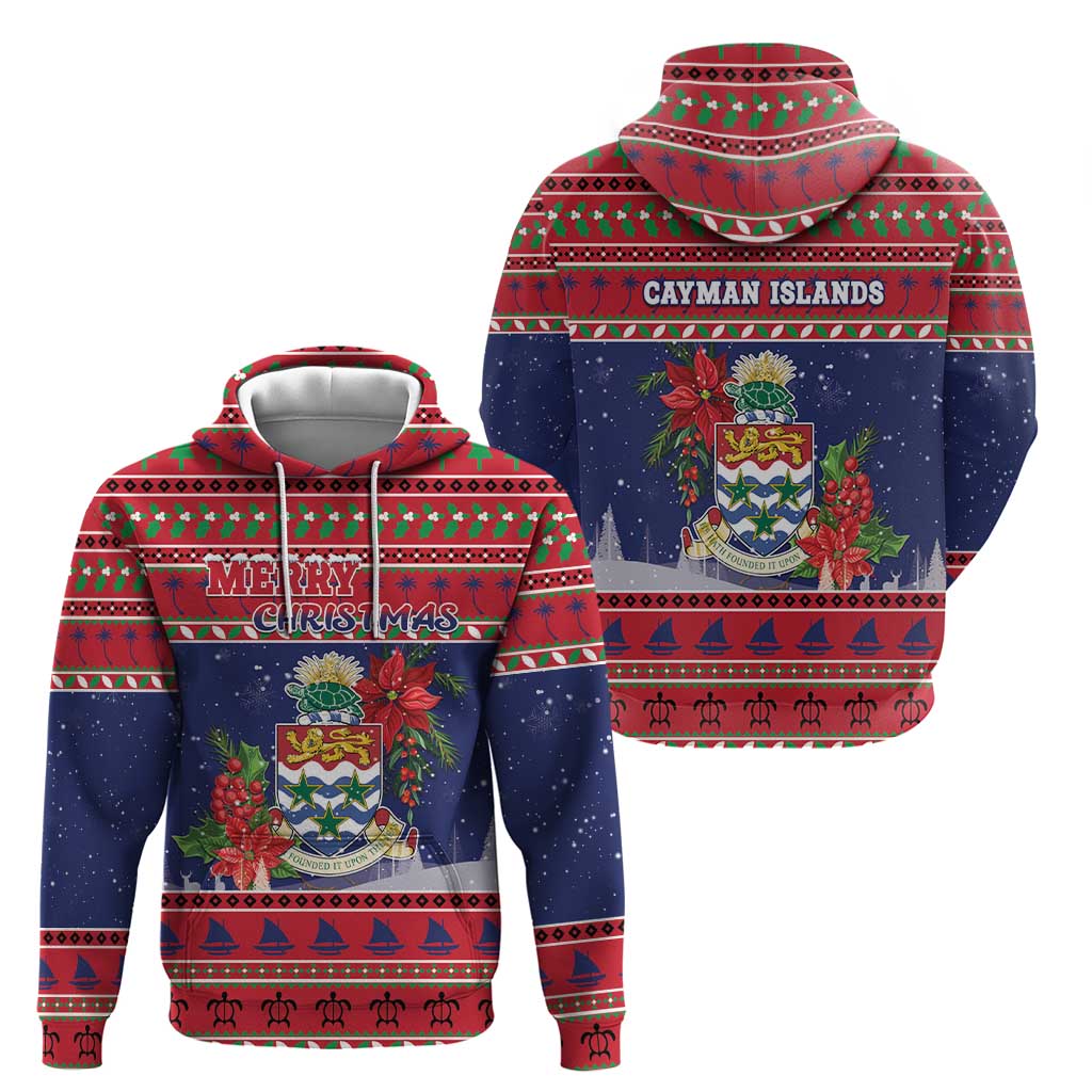 Cayman Islands Christmas Hoodie Coat Of Arms With Poinsettia - Wonder Print Shop