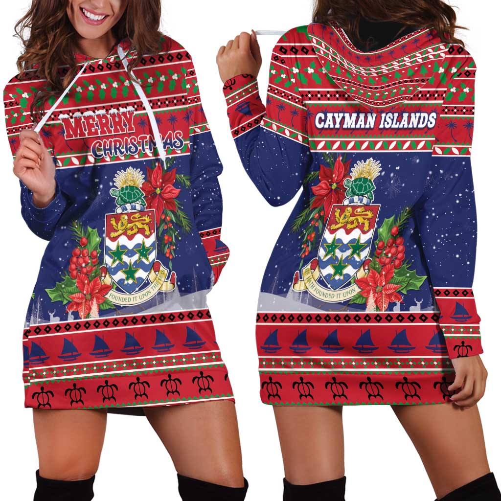 Cayman Islands Christmas Hoodie Dress Coat Of Arms With Poinsettia - Wonder Print Shop