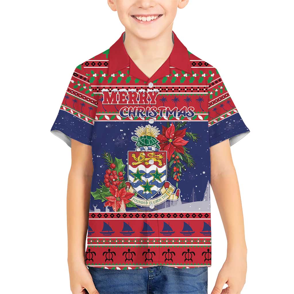 Cayman Islands Christmas Kid Hawaiian Shirt Coat Of Arms With Poinsettia - Wonder Print Shop