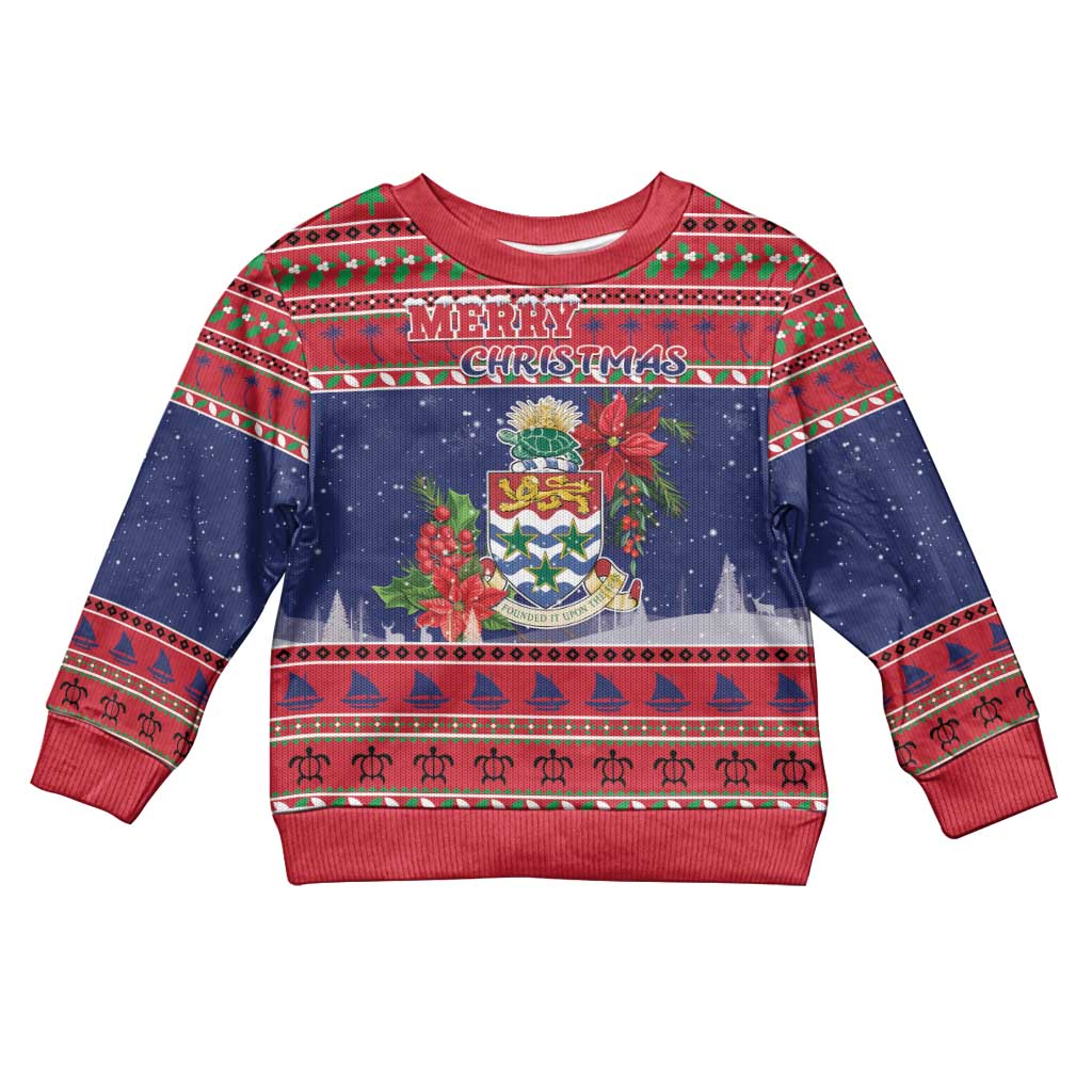 Cayman Islands Christmas Kid Ugly Christmas Sweater Coat Of Arms With Poinsettia - Wonder Print Shop