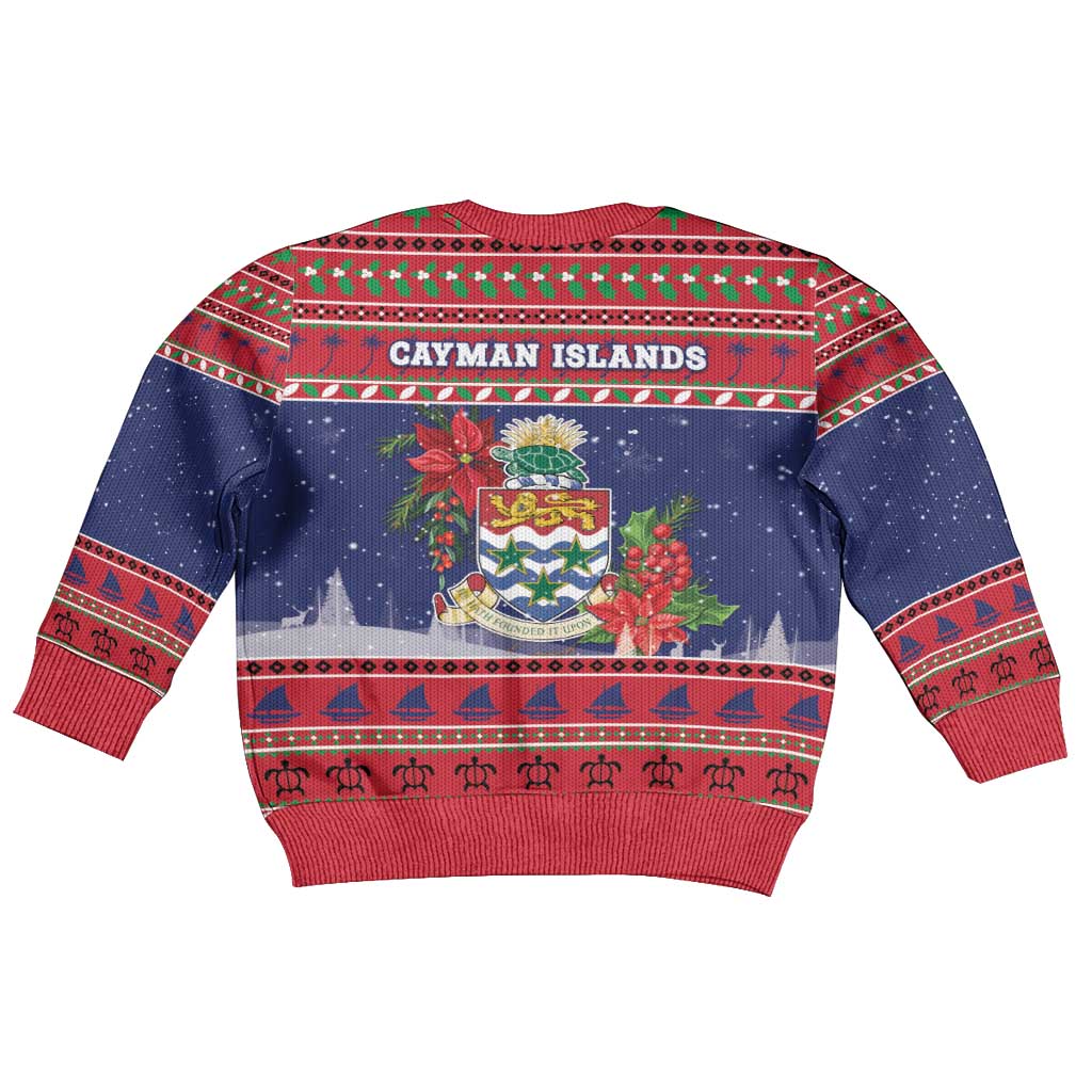 Cayman Islands Christmas Kid Ugly Christmas Sweater Coat Of Arms With Poinsettia - Wonder Print Shop
