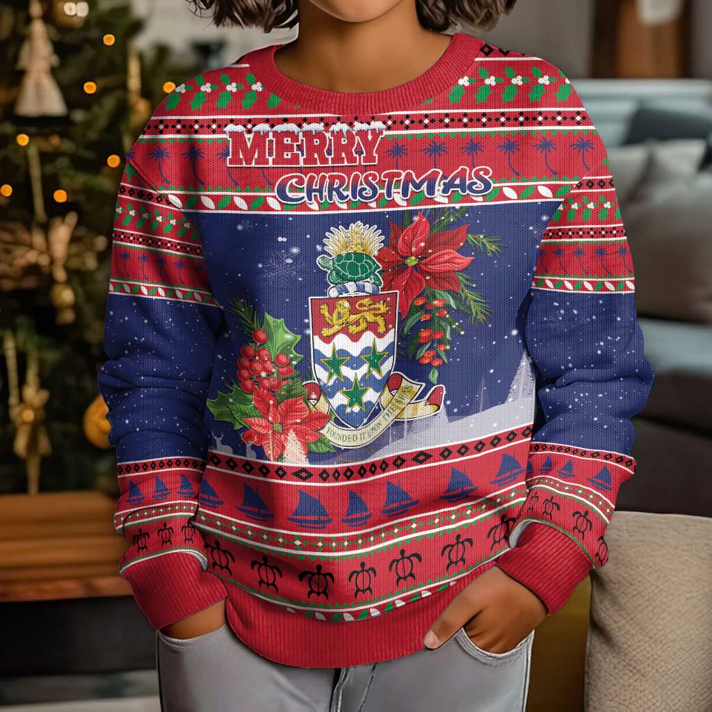 Cayman Islands Christmas Kid Ugly Christmas Sweater Coat Of Arms With Poinsettia - Wonder Print Shop