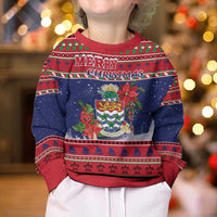 Cayman Islands Christmas Kid Ugly Christmas Sweater Coat Of Arms With Poinsettia - Wonder Print Shop