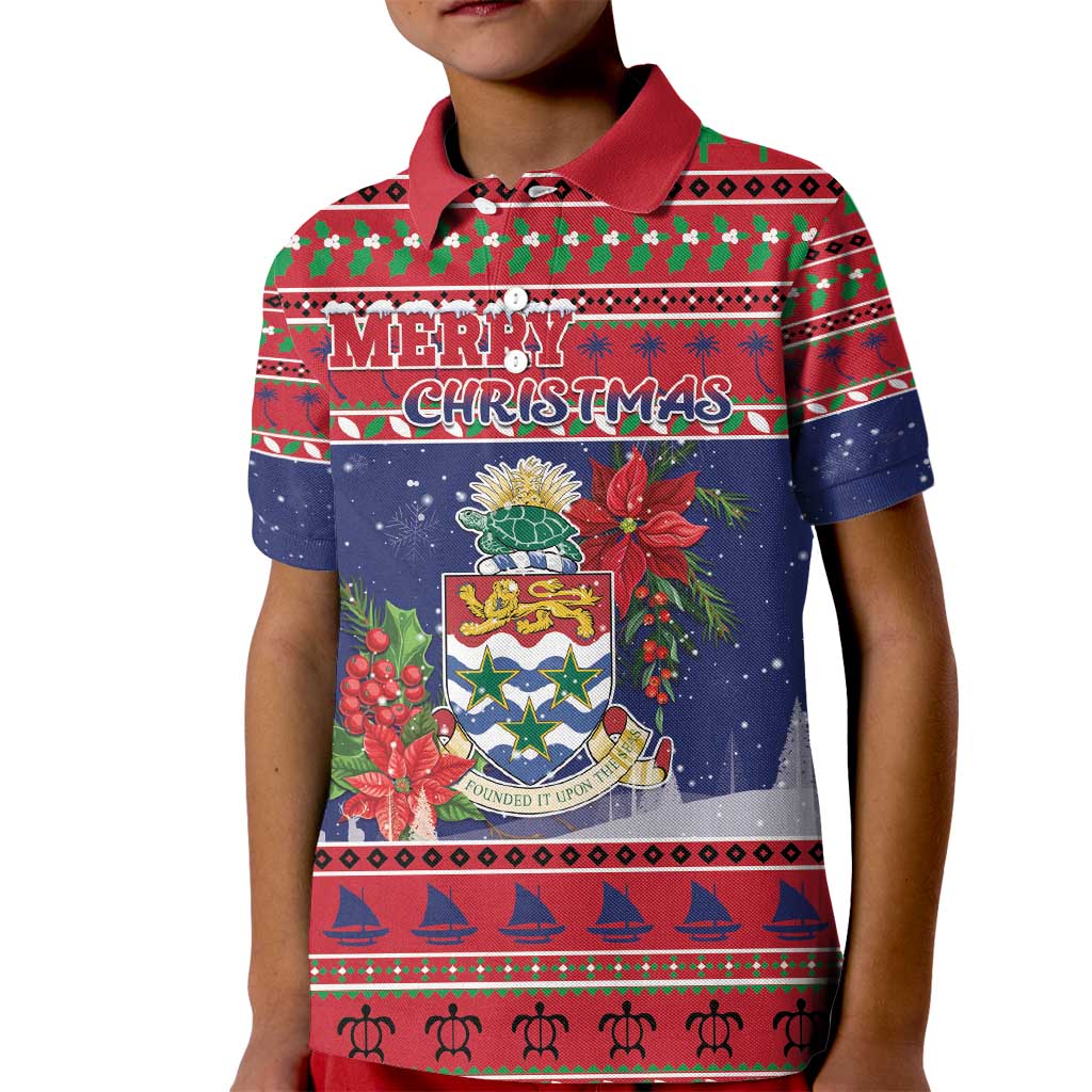 Cayman Islands Christmas Kid Polo Shirt Coat Of Arms With Poinsettia - Wonder Print Shop