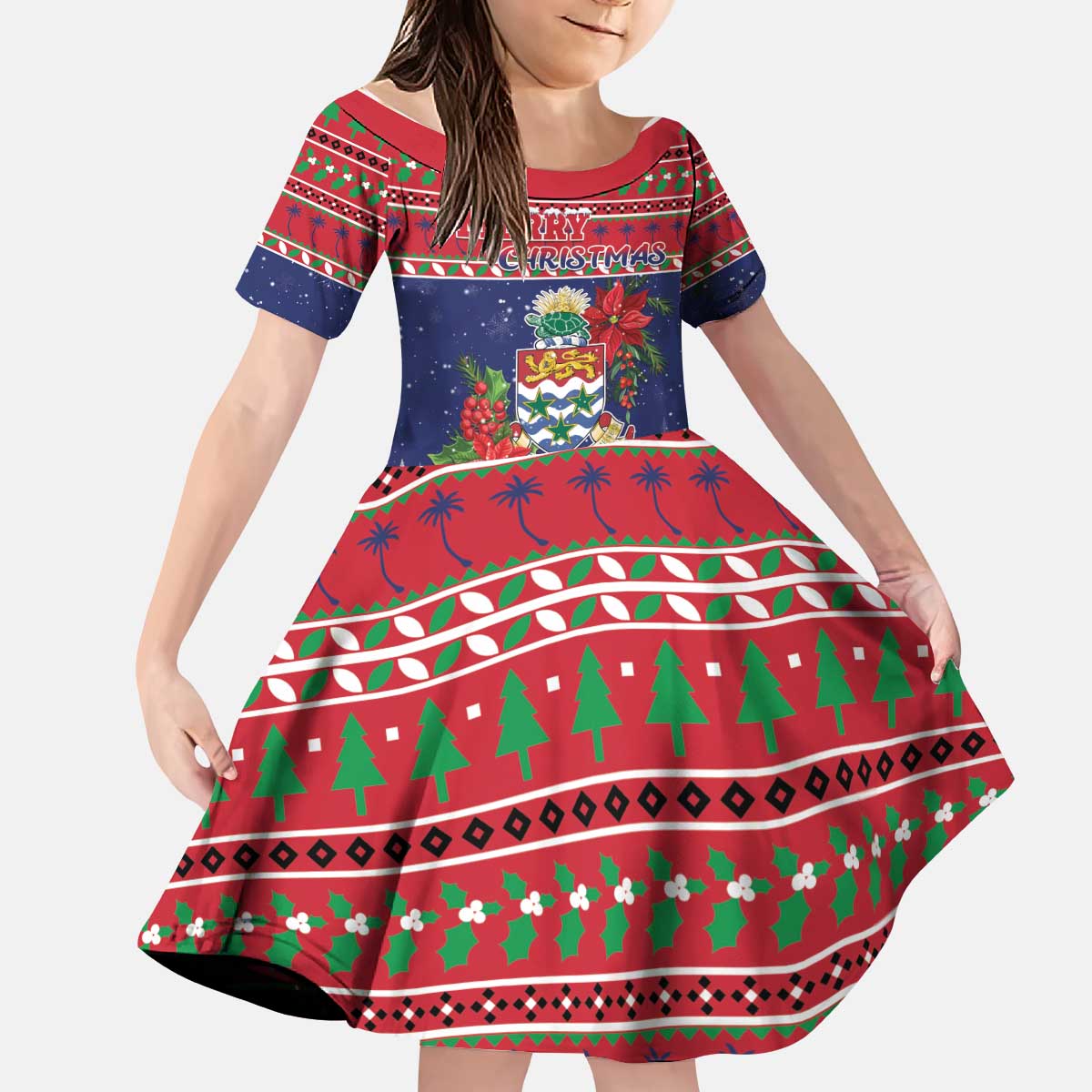 Cayman Islands Christmas Kid Short Sleeve Dress Coat Of Arms With Poinsettia - Wonder Print Shop