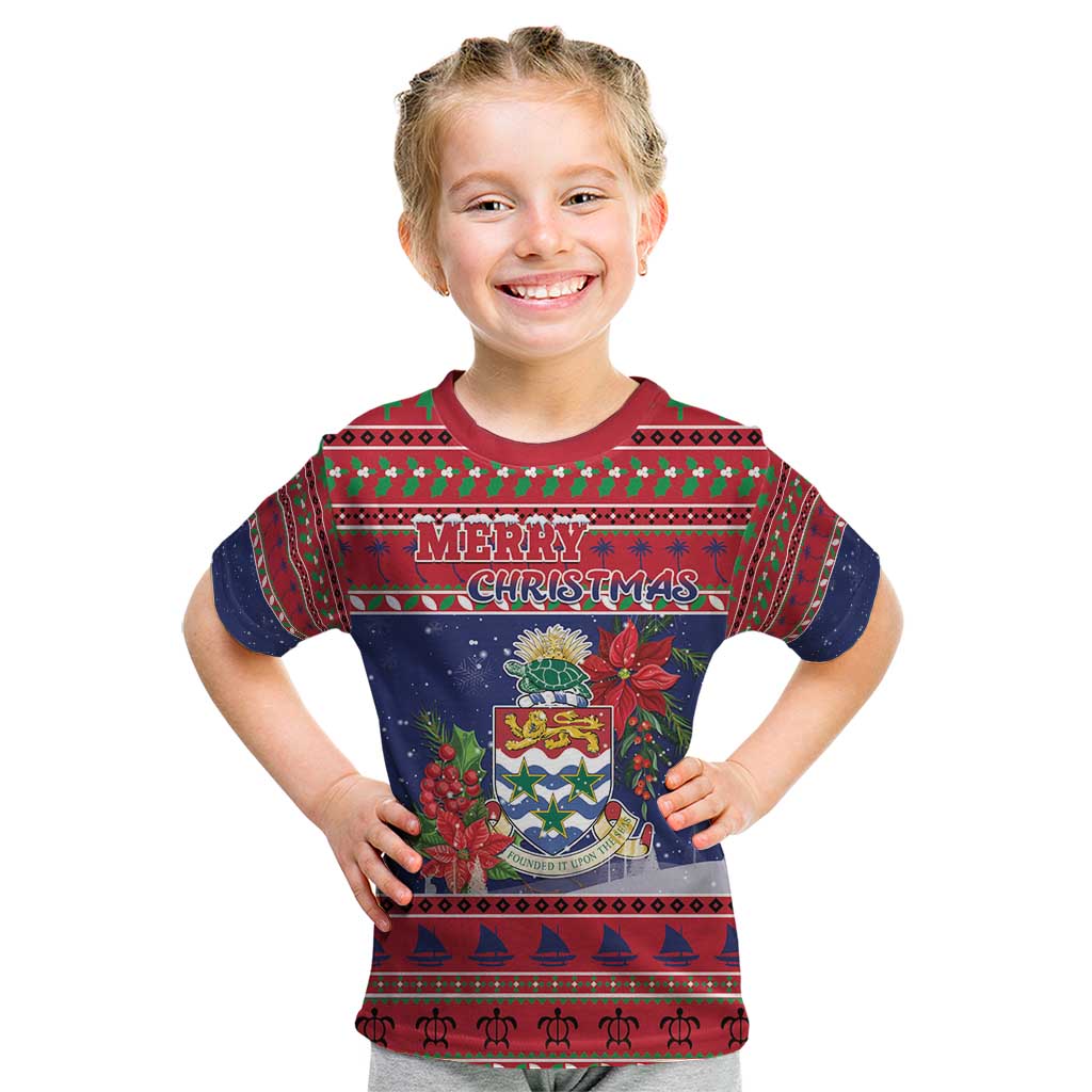Cayman Islands Christmas Kid T Shirt Coat Of Arms With Poinsettia - Wonder Print Shop