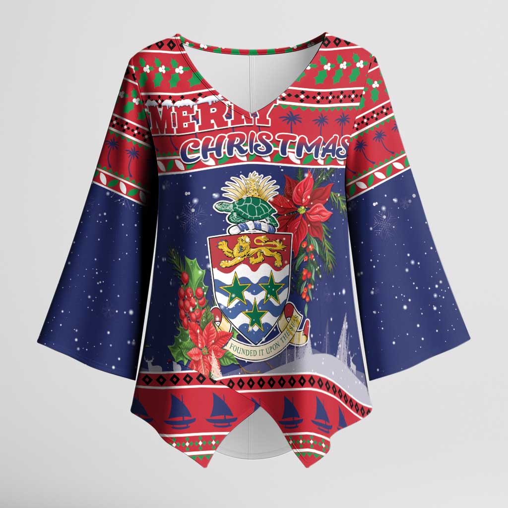 Cayman Islands Christmas Kimono Sleeve Blouse Coat Of Arms With Poinsettia - Wonder Print Shop