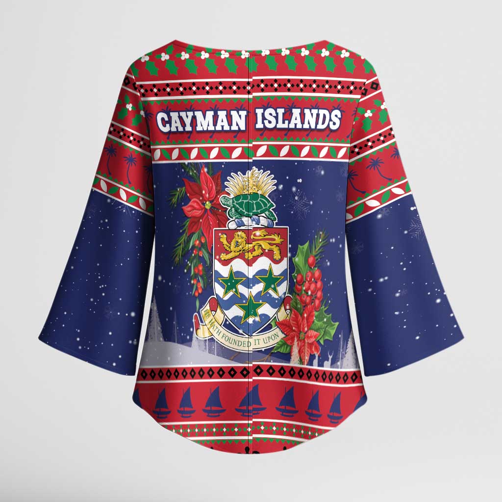Cayman Islands Christmas Kimono Sleeve Blouse Coat Of Arms With Poinsettia - Wonder Print Shop