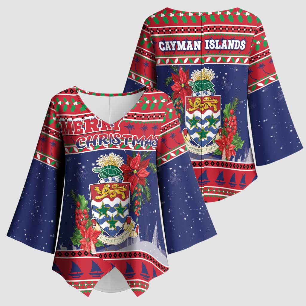 Cayman Islands Christmas Kimono Sleeve Blouse Coat Of Arms With Poinsettia - Wonder Print Shop