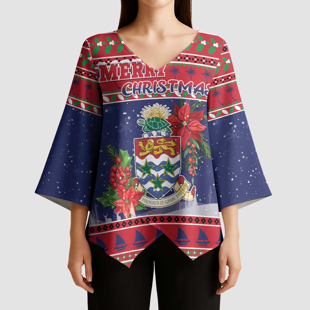 Cayman Islands Christmas Kimono Sleeve Blouse Coat Of Arms With Poinsettia - Wonder Print Shop