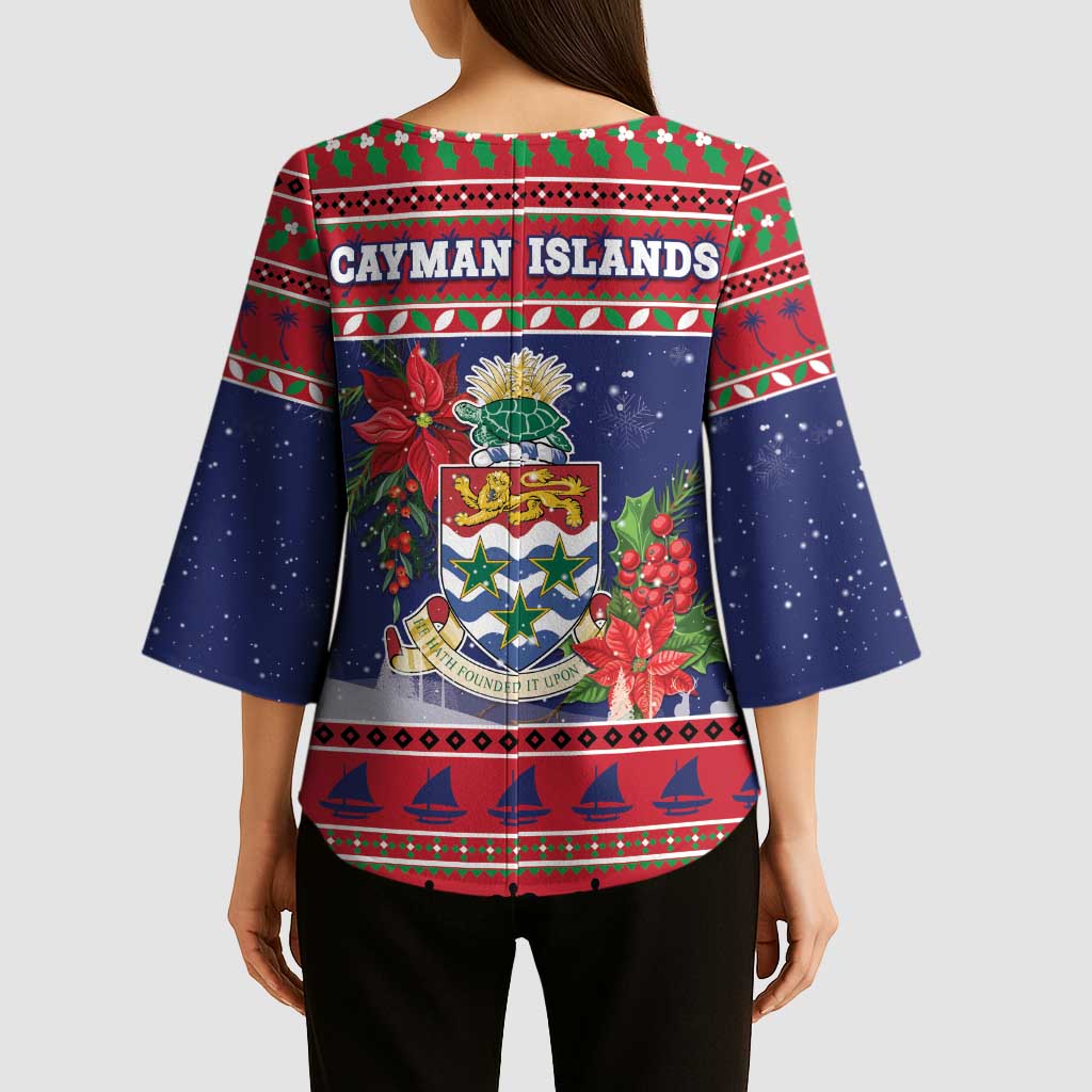 Cayman Islands Christmas Kimono Sleeve Blouse Coat Of Arms With Poinsettia - Wonder Print Shop