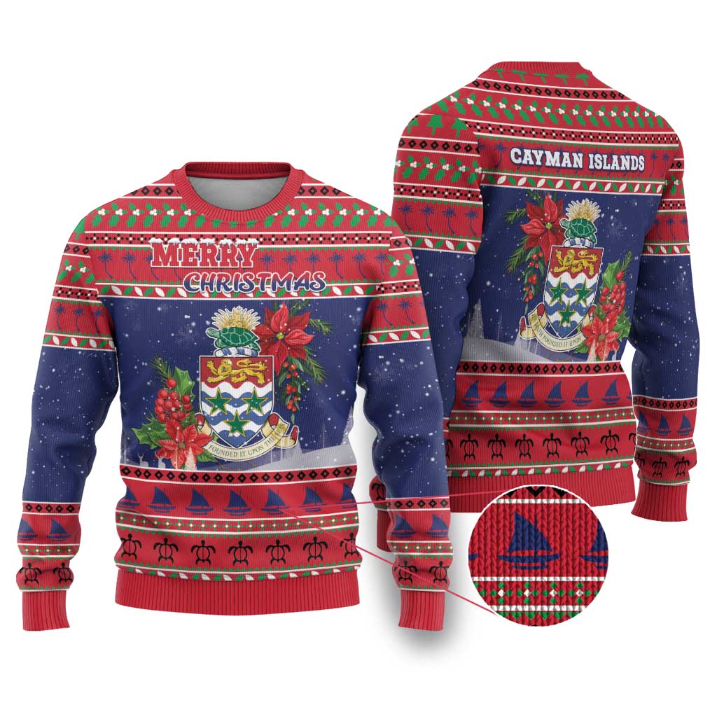 Cayman Islands Christmas Ugly Christmas Sweater Coat Of Arms With Poinsettia - Wonder Print Shop