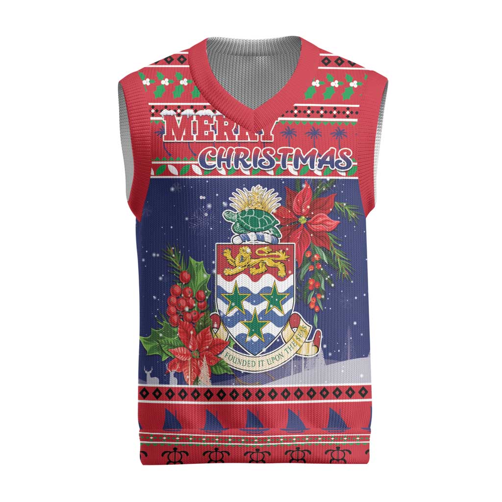 Cayman Islands Christmas Knitted V-Neck Vest Coat Of Arms With Poinsettia - Wonder Print Shop