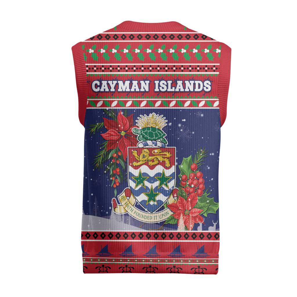 Cayman Islands Christmas Knitted V-Neck Vest Coat Of Arms With Poinsettia - Wonder Print Shop