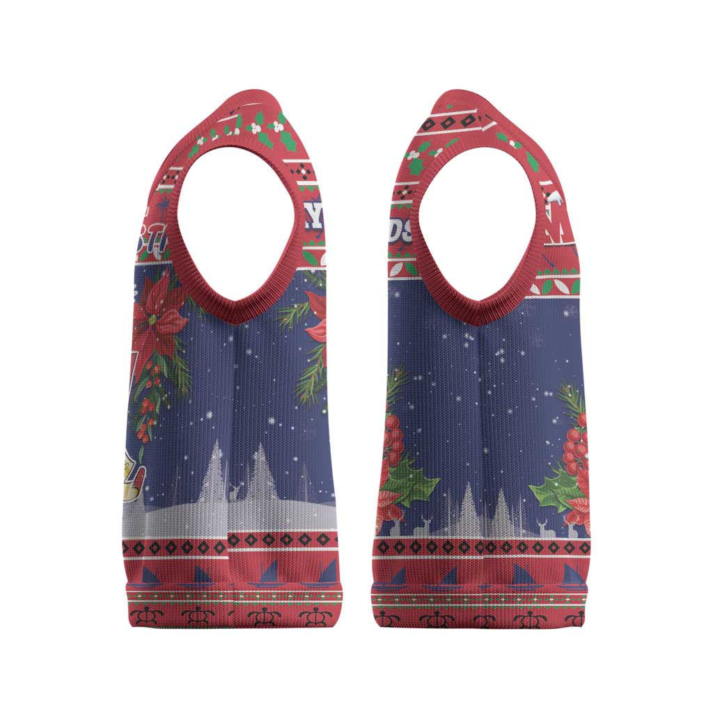 Cayman Islands Christmas Knitted V-Neck Vest Coat Of Arms With Poinsettia - Wonder Print Shop