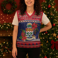 Cayman Islands Christmas Knitted V-Neck Vest Coat Of Arms With Poinsettia - Wonder Print Shop