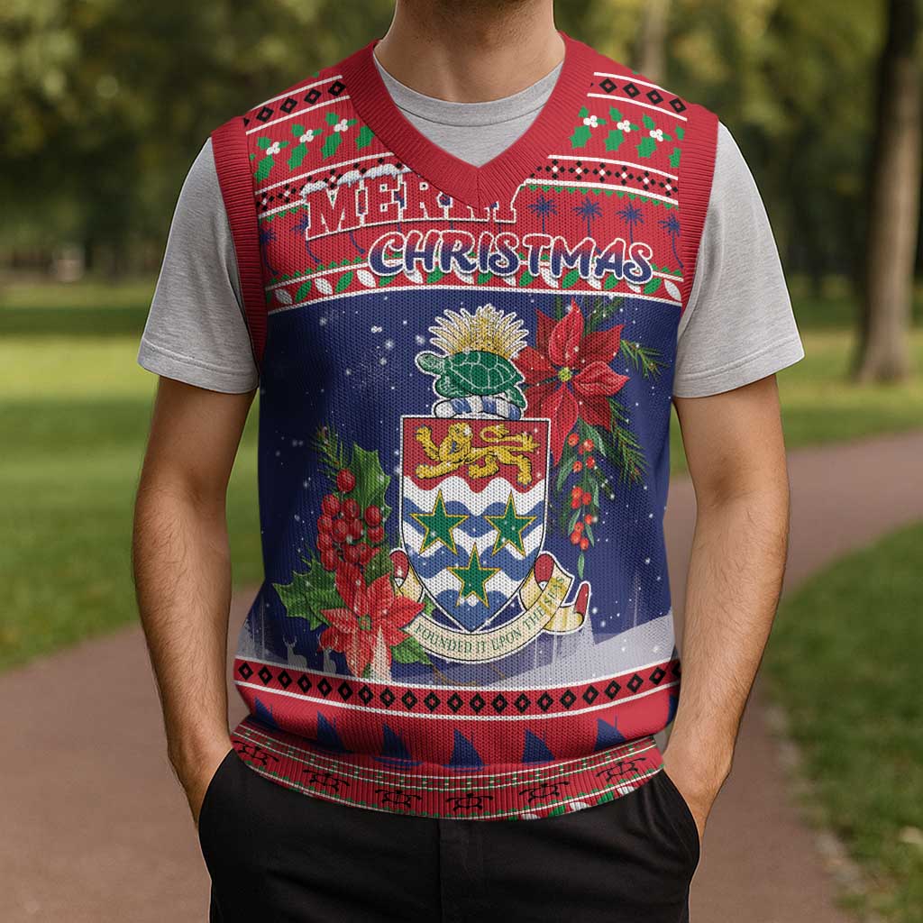 Cayman Islands Christmas Knitted V-Neck Vest Coat Of Arms With Poinsettia - Wonder Print Shop