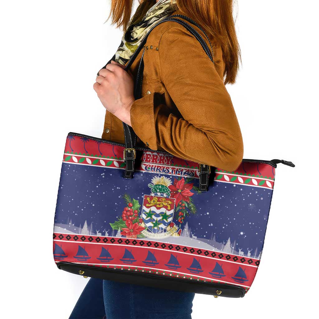 Cayman Islands Christmas Leather Tote Bag Coat Of Arms With Poinsettia - Wonder Print Shop