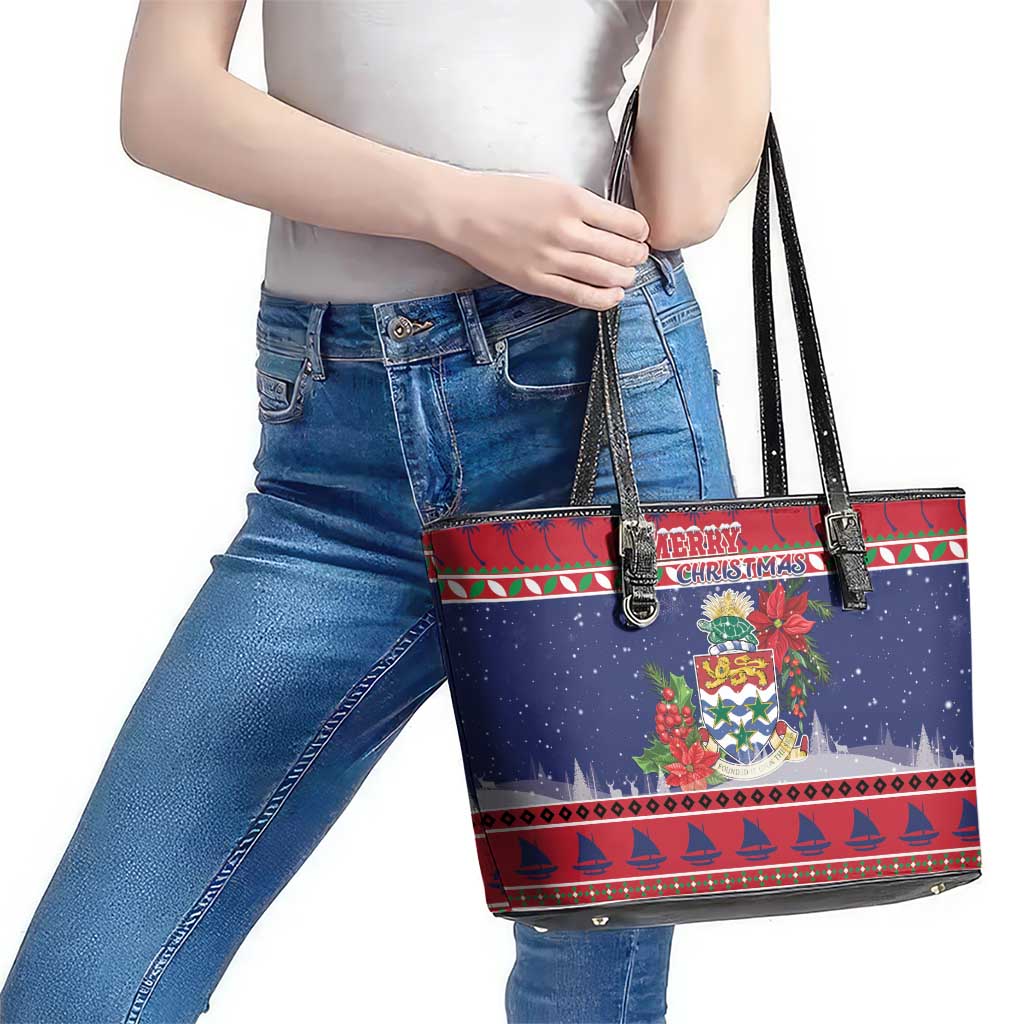Cayman Islands Christmas Leather Tote Bag Coat Of Arms With Poinsettia - Wonder Print Shop