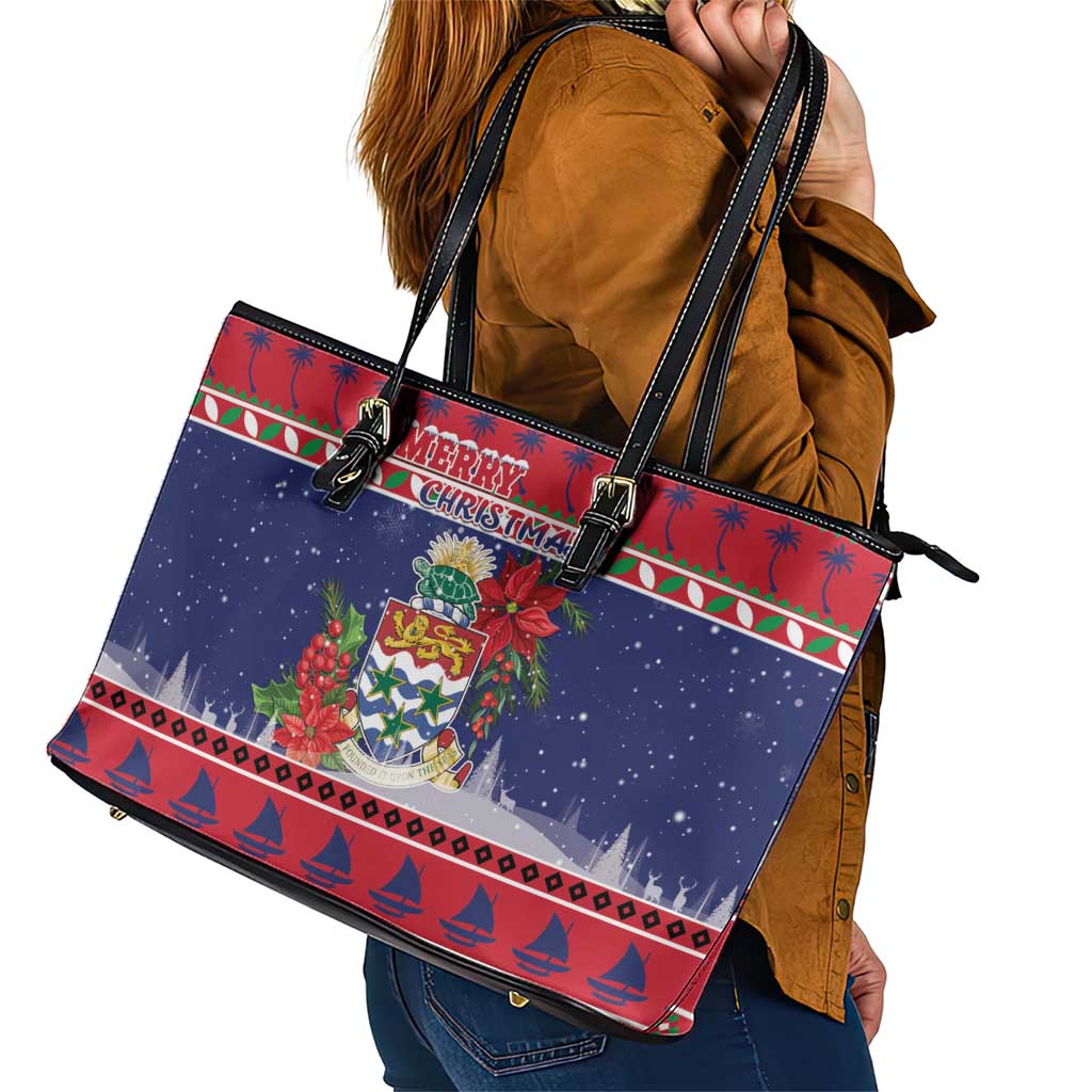 Cayman Islands Christmas Leather Tote Bag Coat Of Arms With Poinsettia - Wonder Print Shop