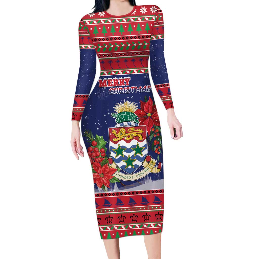 Cayman Islands Christmas Long Sleeve Bodycon Dress Coat Of Arms With Poinsettia - Wonder Print Shop