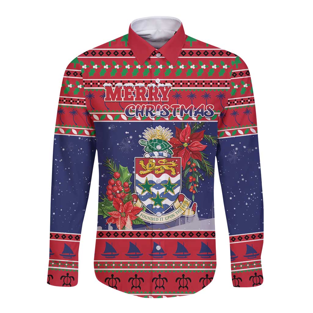 Cayman Islands Christmas Long Sleeve Button Shirt Coat Of Arms With Poinsettia - Wonder Print Shop