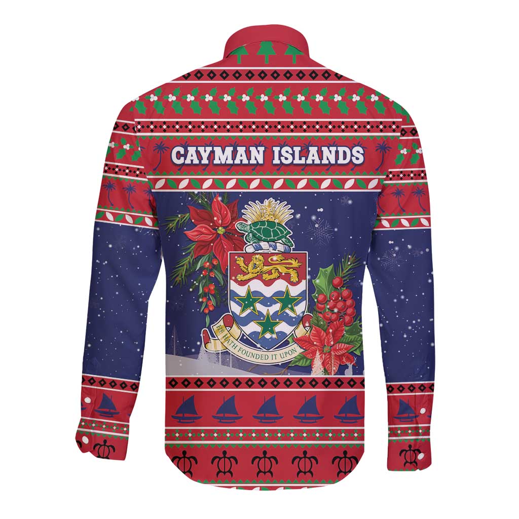 Cayman Islands Christmas Long Sleeve Button Shirt Coat Of Arms With Poinsettia - Wonder Print Shop