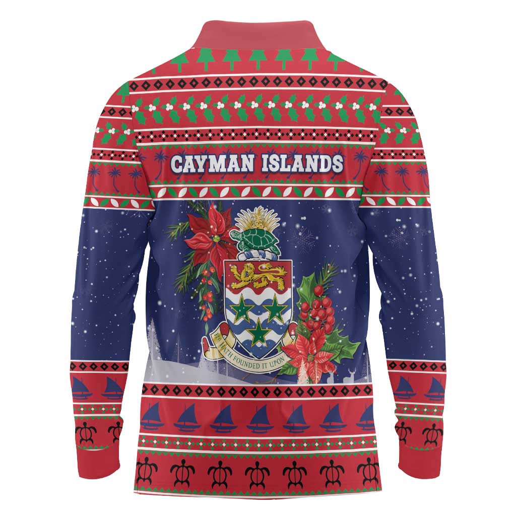 Cayman Islands Christmas Long Sleeve Polo Shirt Coat Of Arms With Poinsettia - Wonder Print Shop