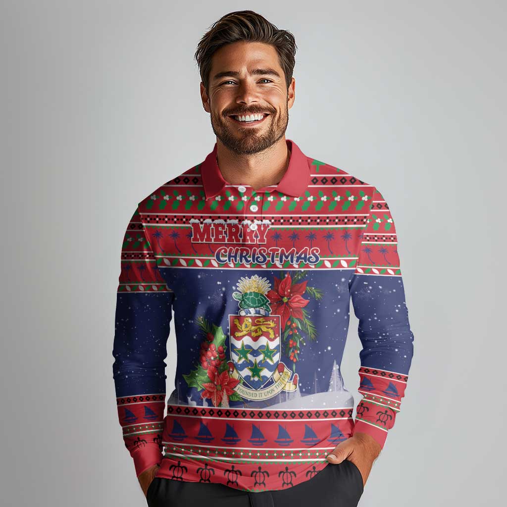 Cayman Islands Christmas Long Sleeve Polo Shirt Coat Of Arms With Poinsettia - Wonder Print Shop
