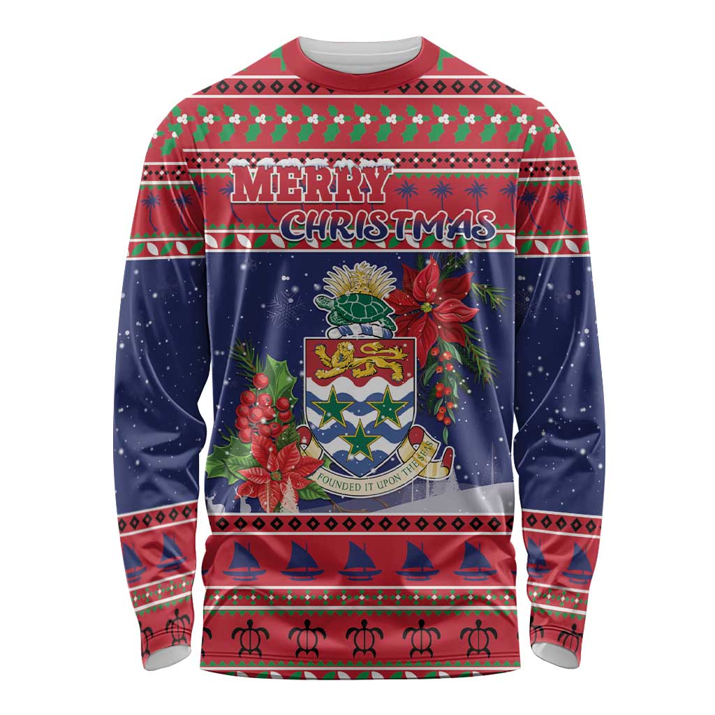 Cayman Islands Christmas Long Sleeve Shirt Coat Of Arms With Poinsettia - Wonder Print Shop