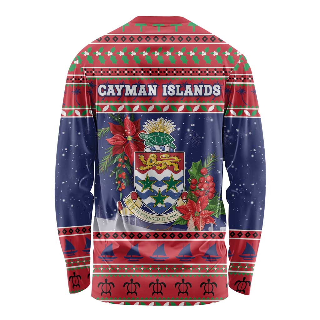 Cayman Islands Christmas Long Sleeve Shirt Coat Of Arms With Poinsettia - Wonder Print Shop