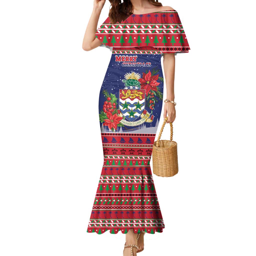 Cayman Islands Christmas Mermaid Dress Coat Of Arms With Poinsettia - Wonder Print Shop