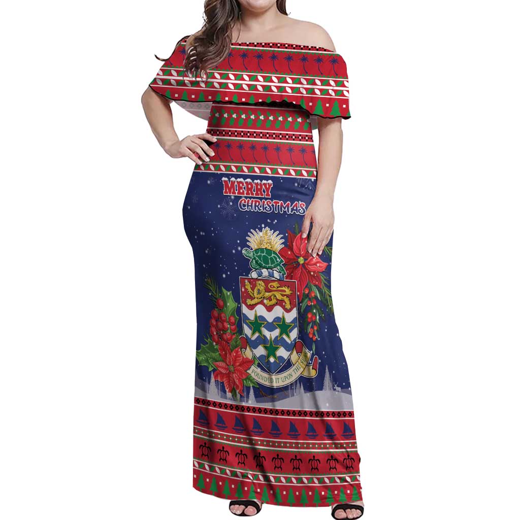 Cayman Islands Christmas Off Shoulder Maxi Dress Coat Of Arms With Poinsettia - Wonder Print Shop