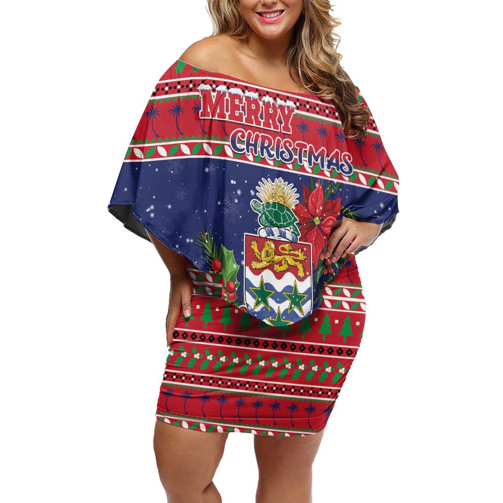Cayman Islands Christmas Off Shoulder Short Dress Coat Of Arms With Poinsettia - Wonder Print Shop