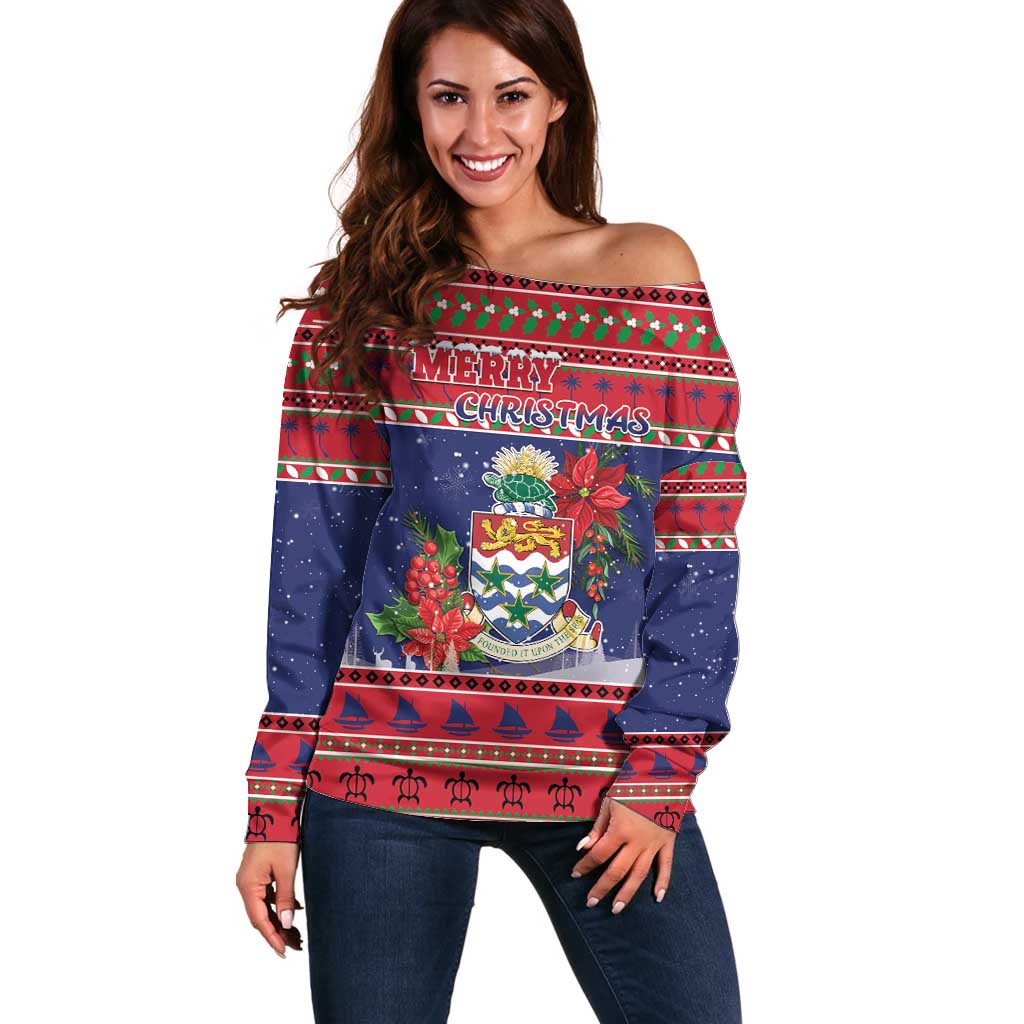 Cayman Islands Christmas Off Shoulder Sweater Coat Of Arms With Poinsettia - Wonder Print Shop