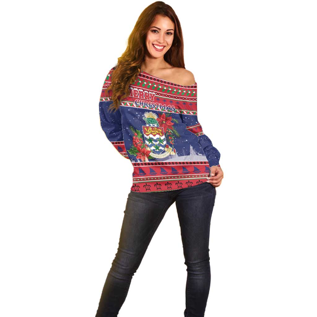 Cayman Islands Christmas Off Shoulder Sweater Coat Of Arms With Poinsettia - Wonder Print Shop