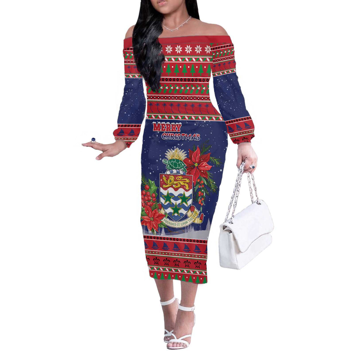 Cayman Islands Christmas Off The Shoulder Long Sleeve Dress Coat Of Arms With Poinsettia - Wonder Print Shop