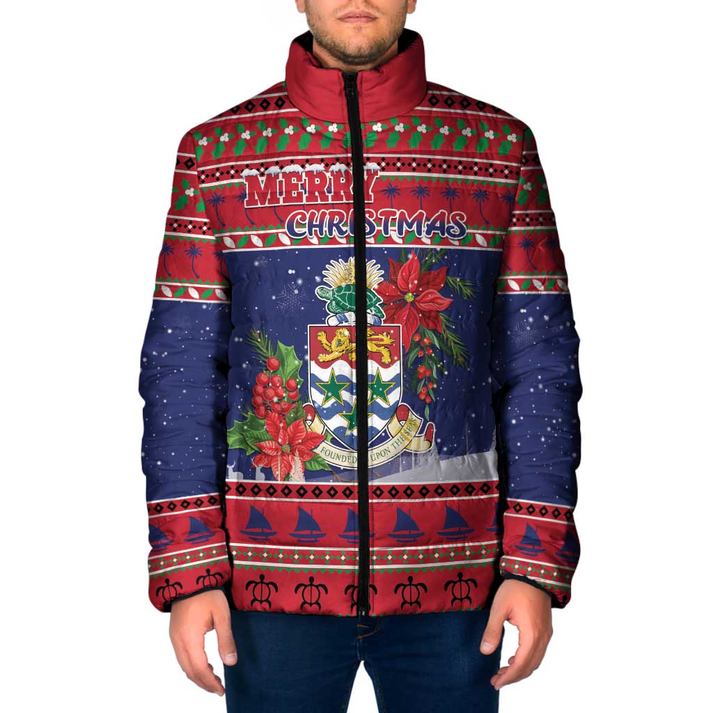 Cayman Islands Christmas Padded Jacket Coat Of Arms With Poinsettia - Wonder Print Shop