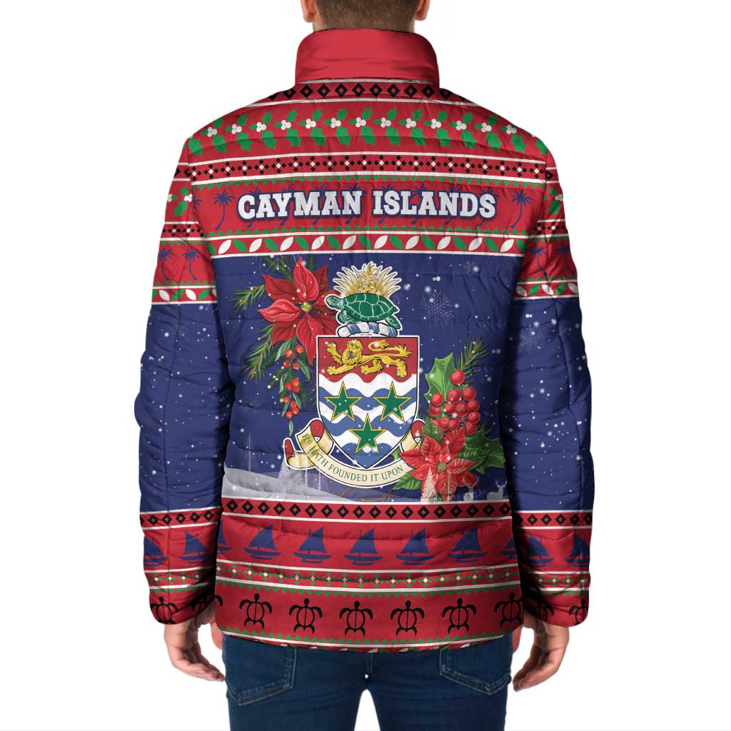 Cayman Islands Christmas Padded Jacket Coat Of Arms With Poinsettia - Wonder Print Shop