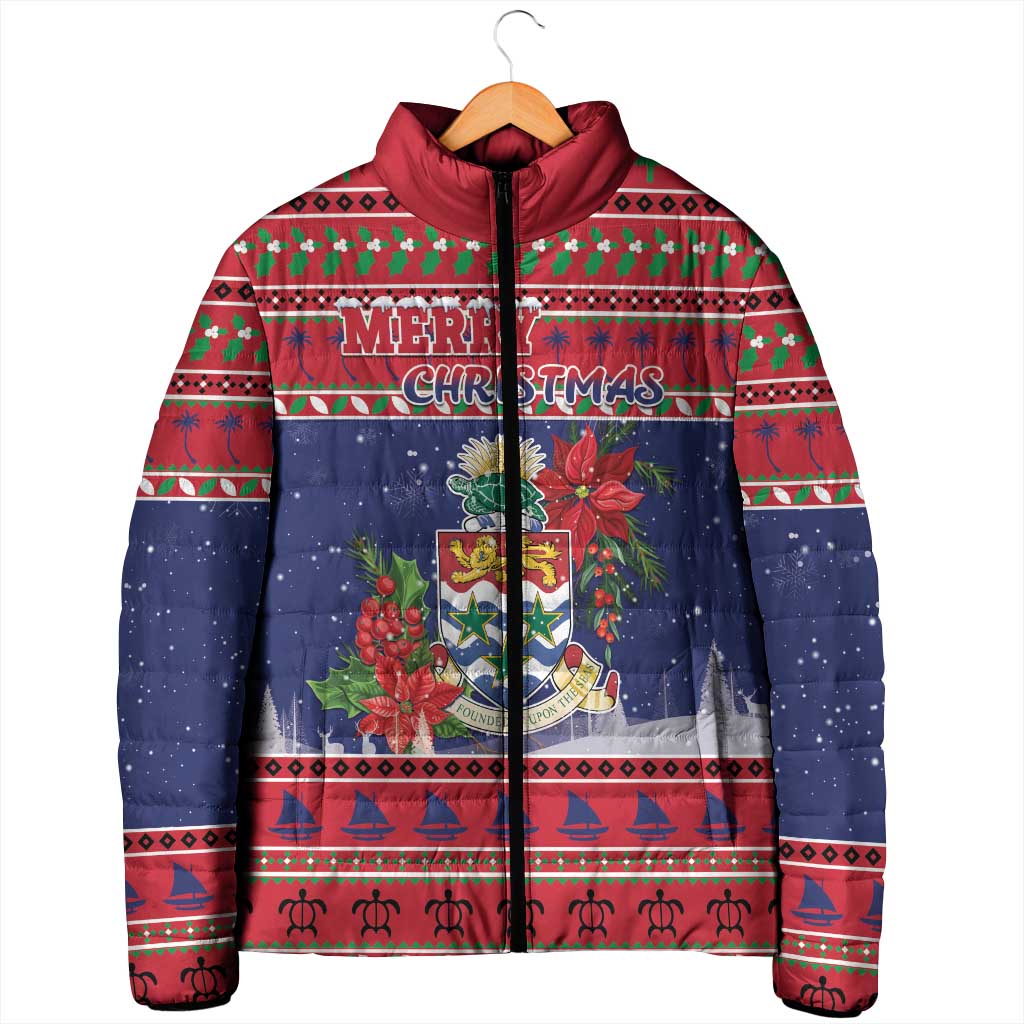 Cayman Islands Christmas Padded Jacket Coat Of Arms With Poinsettia - Wonder Print Shop